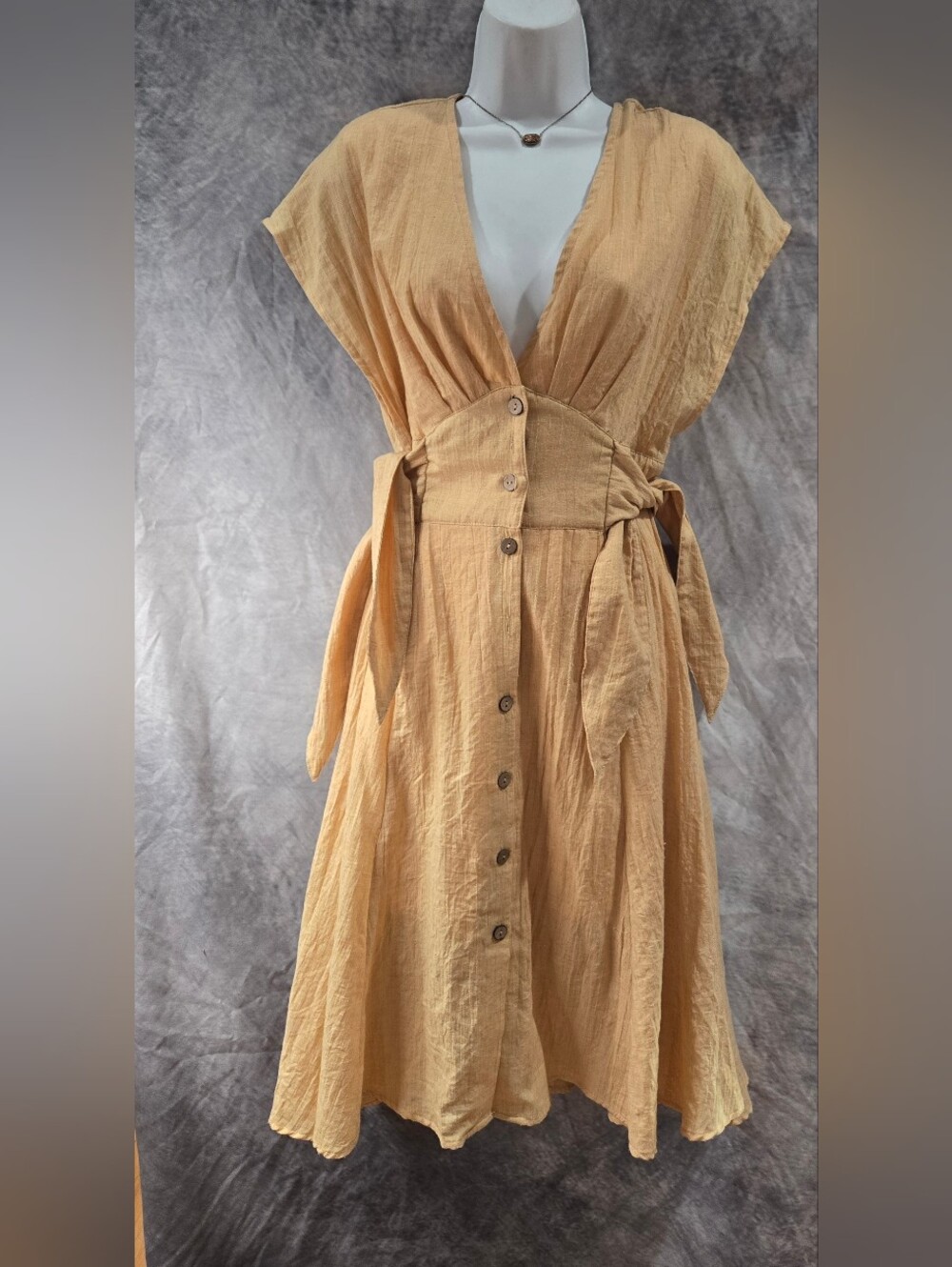 Sleeveless Tan Midi Dress with Button Front and Side Ties